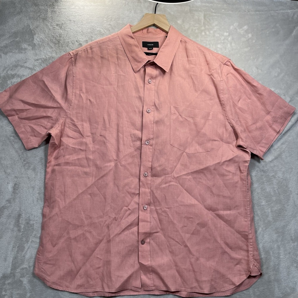 VINCE‎ Shirt Mens XL Dusty Red Button Up Short Sleeve 100% Linen Pink